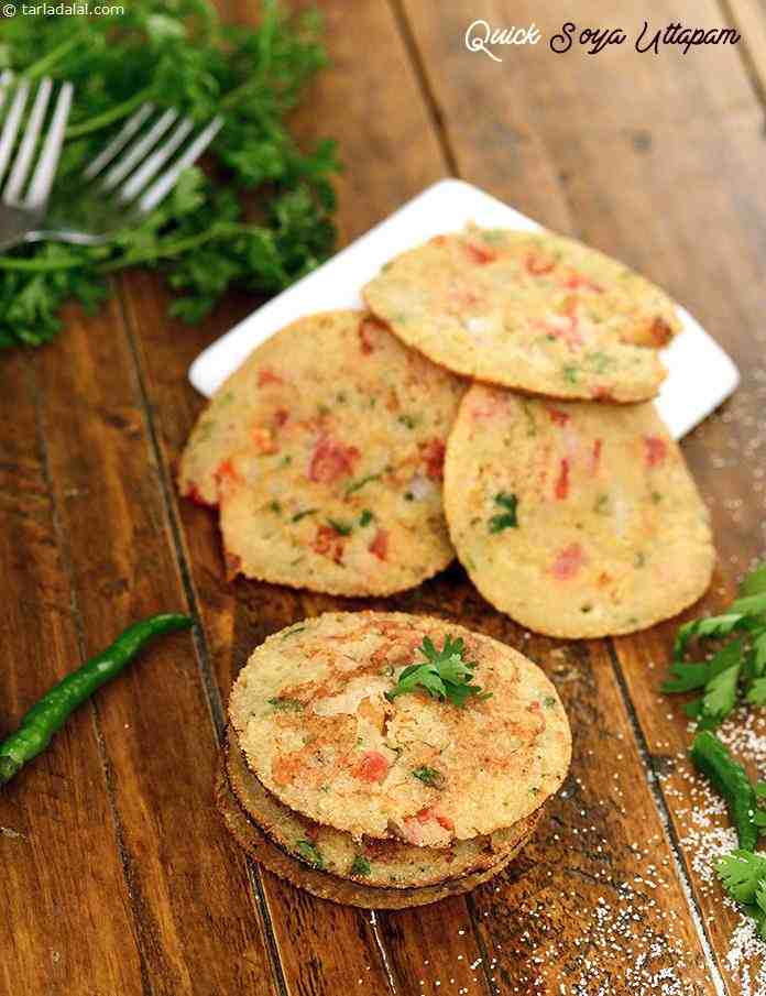Semolina always lends itself to quick dishes as it cooks easily. Here, it combines with protein-rich soya milk and a bouquet of other handy ingredients to make instant soya uttapam.