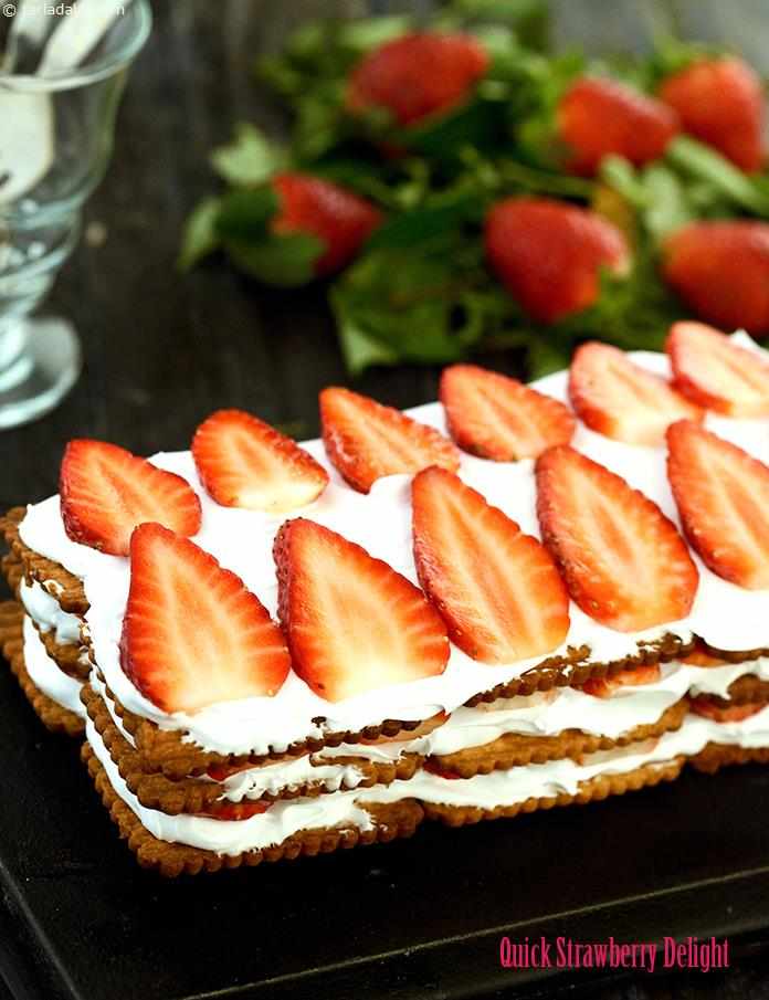 Quick strawberry delight is truly a quick-fix… a simple delicacy made with multiple layers of whipped cream, biscuits and strawberries.