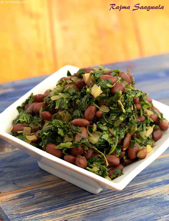 Rajma Saagwala, rajma's versatility needs no introduction. It fits beautifully into quite a range of recipes! Here it combines with healthy amaranth leaves, which are rich in fibre, folic acid and vitamin C.
