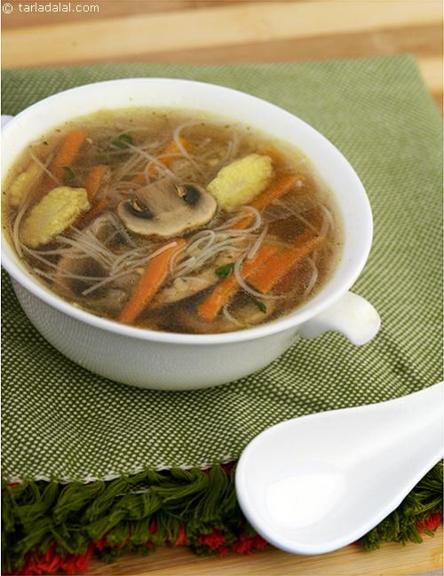Rice Noodles and Vegetable Stir-fry Soup, a spicy soup with rice noodles and stir-fried mixed vegetables.