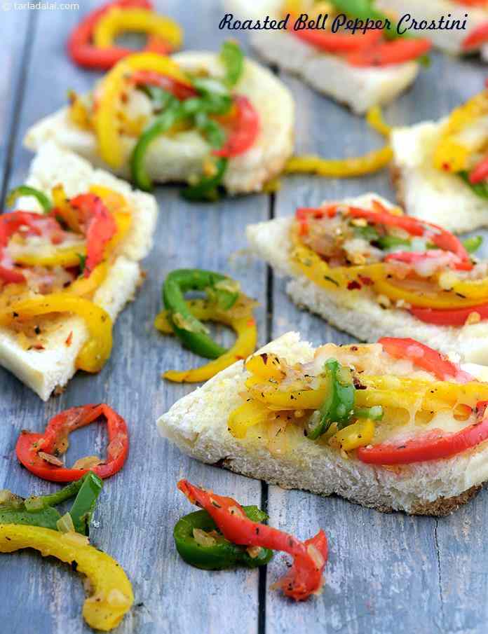 Crostini are small toasts topped with a variety of ingredients and are served as appetisers.This one consists of caramelised peppers and olives that are bound with cheese and topped on crusty french bread. 