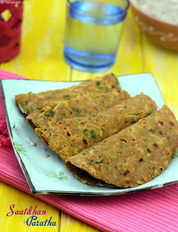 Saatdhan Paratha, seven flours mixed together to beat anemia! This paratha will drive away the anemia induced fatigue and lethargy. Bottle and carrots with spices add taste and flavour to these parathas.