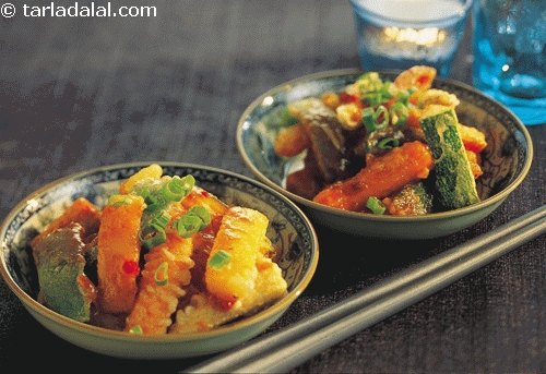 Saiwoo Vegetables is a combination of assorted vegetables stir-fried in five spice honey sauce.