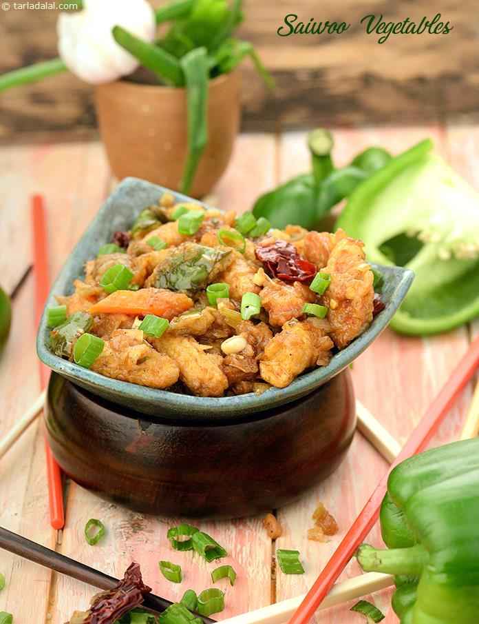 Saiwoo Vegetables is a semi-dry, sweet and spicy way of cooking assorted veggies like carrot, baby corn and capsicum. The crisp, deep-fried vegetables are cooked with typical Oriental ingredients like chillies, ginger, garlic and spring onions.