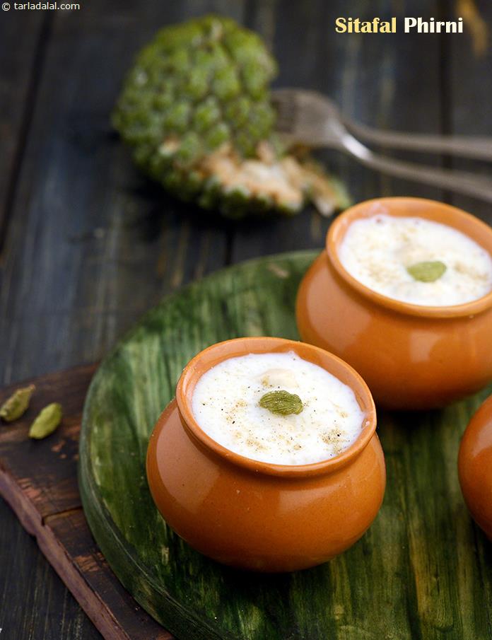 Sitafal Firni, a rich, thick, creamy dessert. Milk is thickened with rice flour and flavoured with custard apple. Serve chilled for a fruitilicious experience.