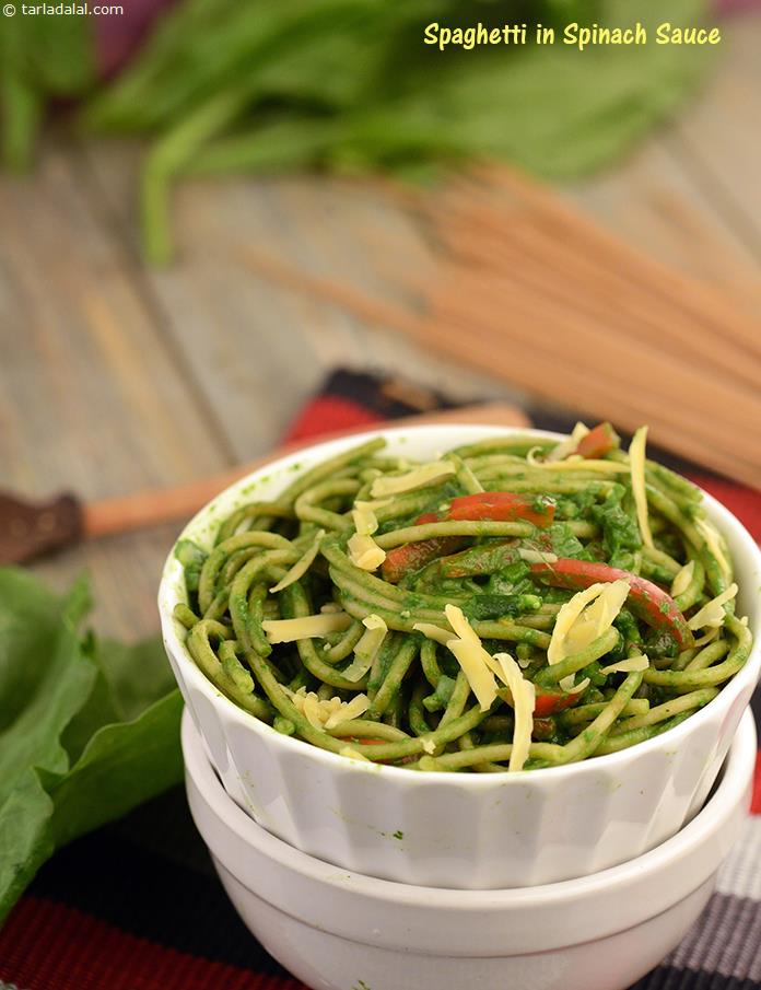 Spaghetti in Spinach Sauce, spinach is the main ingredient of this recipe which is not only iron rich but also an excellent source of vitamin a. Use of whole wheat spaghetti adds fibre to this recipe.