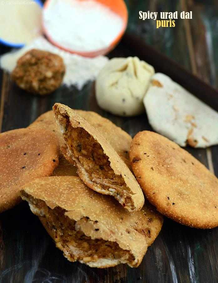 Spicy Urad Dal Puris  has a scrumptious filling of soaked, ground and sautéed urad dal spiced with a special masala; and the dough tinged with the heady aroma of nigella seeds. 