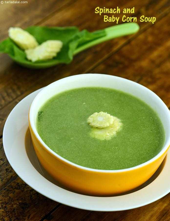 Spinach and Baby Corn Soup, colourful, vitamin a enriched spinach and vegetables from the stock are source of antioxidant- vitamin a which helps to add glow to your skin. Use of baby corn adds crunchiness to this soup.