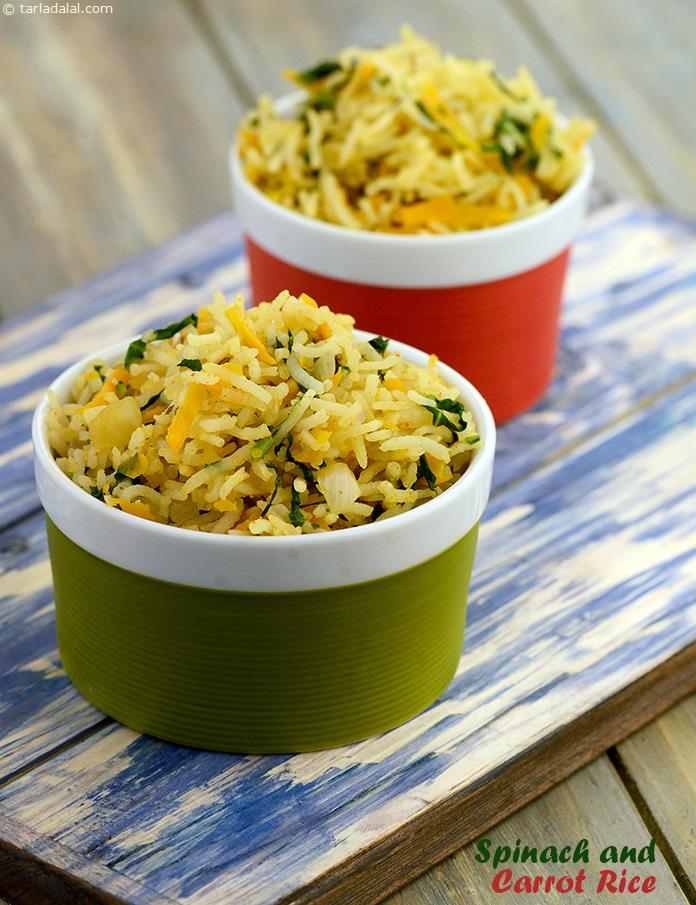 Spinach and Carrot Rice, flavourful rice with vitamin-rich carrots and iron-rich spinach. Butter adds to the goodness of this easy-to-make rice, while the vegetarian seasoning cubes impart an irresistible aroma.