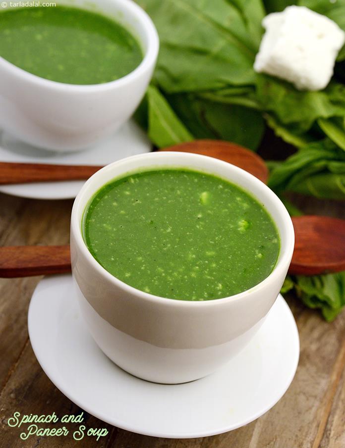 Onions and black pepper add a wonderful flavour to this spinach based soup while paneer gives a rich texture.