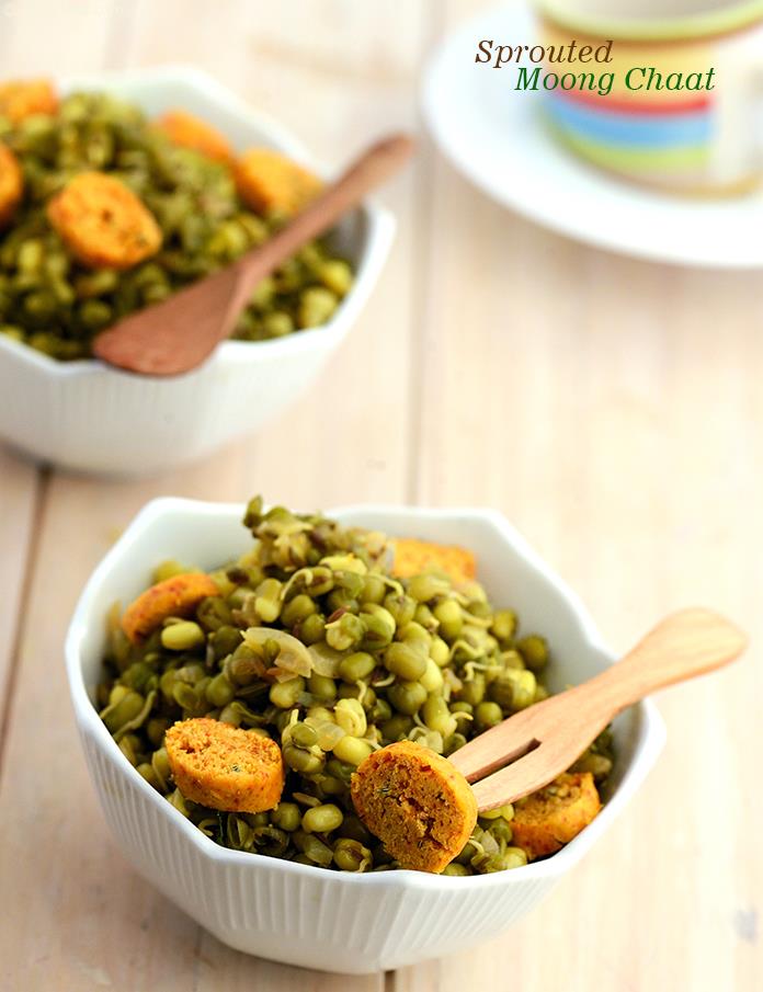 Sprouted Moong Chaat  is a healthy variation of chaat. Sprouts provide plenty of protein, vitamin c and iron to your diet and the protein content is further enhanced by the addition of steamed gram flour dumplings. 