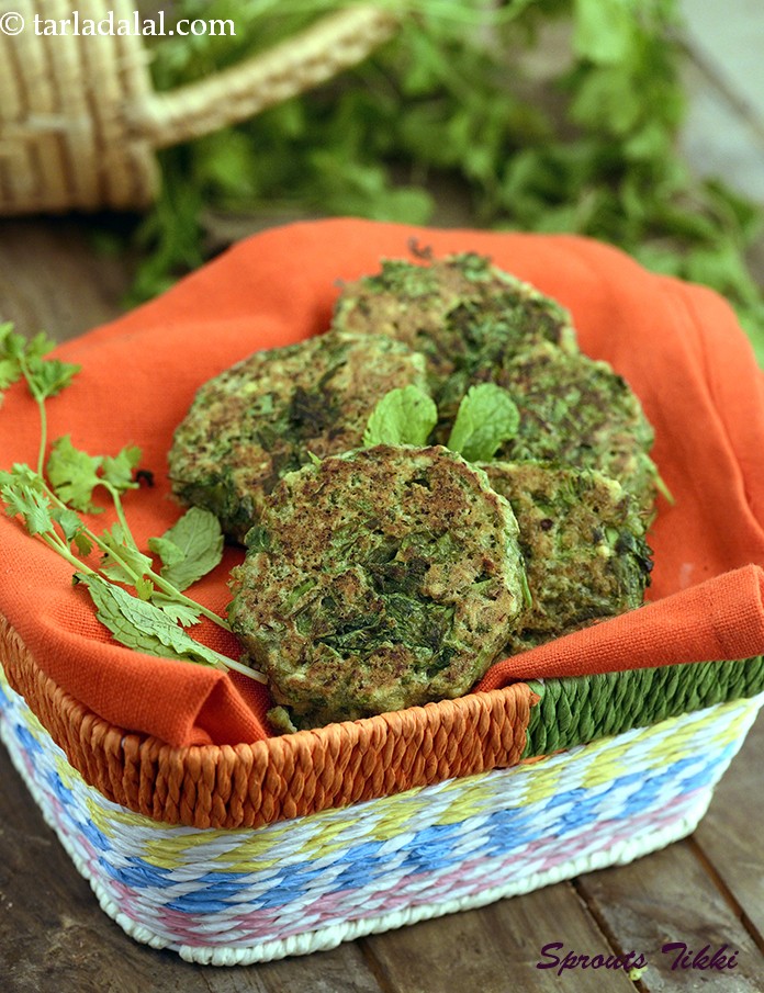 Sprouts Tikki, a healthy twist to the evergreen aloo tikki! Using sprouted moong increases the nutrient-value by at least 15 per cent, while coriander and mint give an aromatic spin to the tale. 