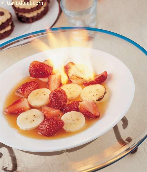Strawberry and Banana Flambé with Butterscotch Sauce