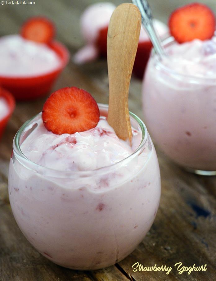 Strawberry Yoghurt made with low-fat curds to curb excess fat intake, making this treat acceptable to those with heart diseases and high cholesterol. We suggest choosing naturally sweet and ripe strawberries so you can reduce the amount of sugar,