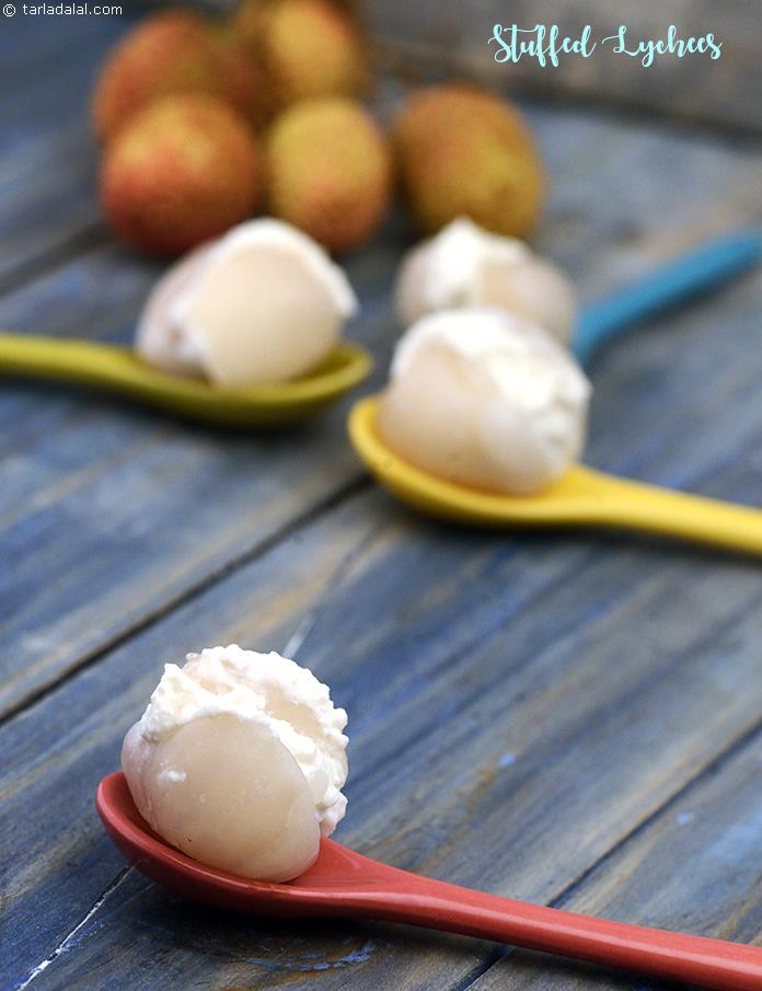 Stuffed Lychees, these dainty chenna filled lychees are sure to melt in your mouth. Choose sweet lychees to make this dessert because sharp or acidic lychees are not going to complement the filling.