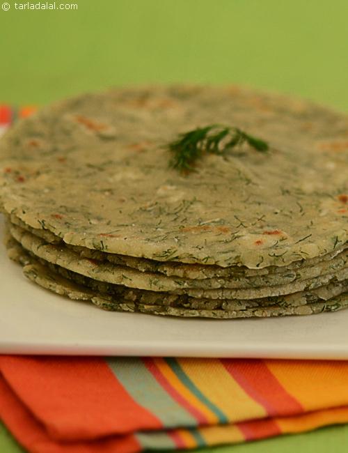 Suva Chawal Roti, made with chopped dill leaves mixed in brown rice flour, a good alternative for gluten intolerant.