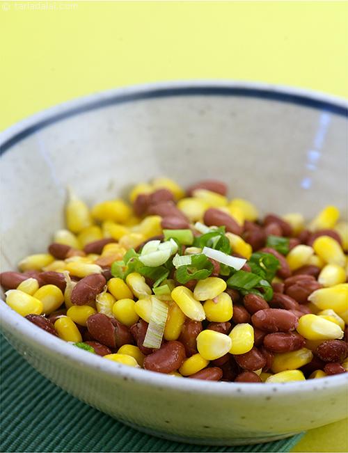 Sweet Corn and Kidney Bean Salad, packed with fibre, iron and carbohydrates it will keep you "full" for a few hours. The innovative dressing is flavourful without being loaded with oil.