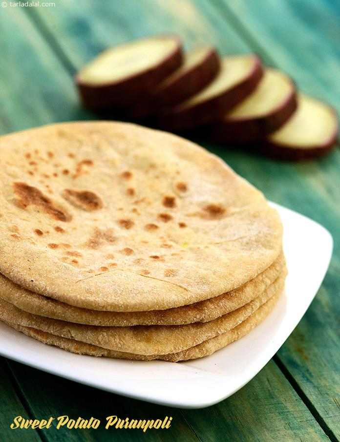 Sweet Potato Puranpoli, sweet potatoes have been used instead of dal to minimize the sugar used. Cardamom powder, nutmeg and saffron add to the pleasing aroma of these fat-free puranpolis.