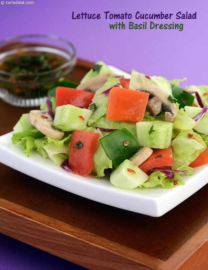 Lettuce, Tomato and Cucumber Salad with Basil Dressing