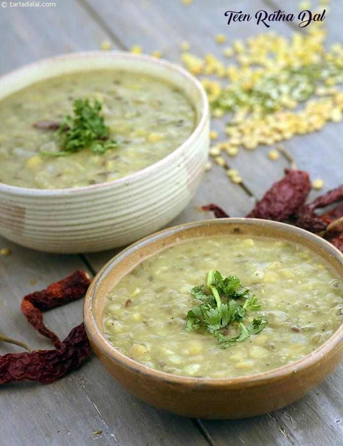 Teen Ratna Dal, a flavoursome combination of three lentils and various spices is a good source of calcium, protein and iron. Enjoy it with rice variations or just dip your roti in it for a truly heady experience.