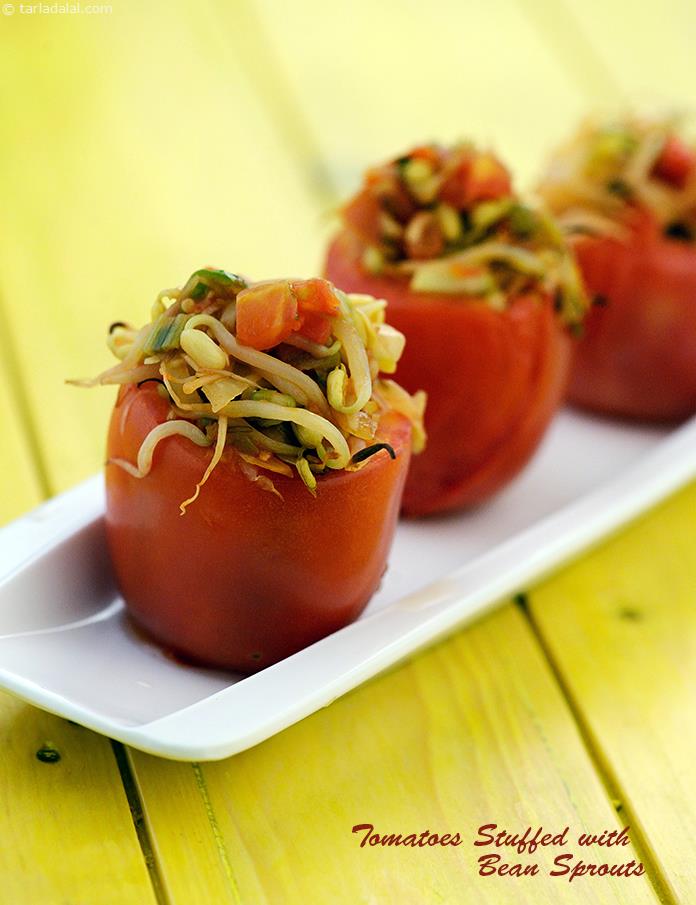 Tomatoes stuffed with protein-rich sprouts and then baked, so as to make it healthy and rich in vitamins and minerals.