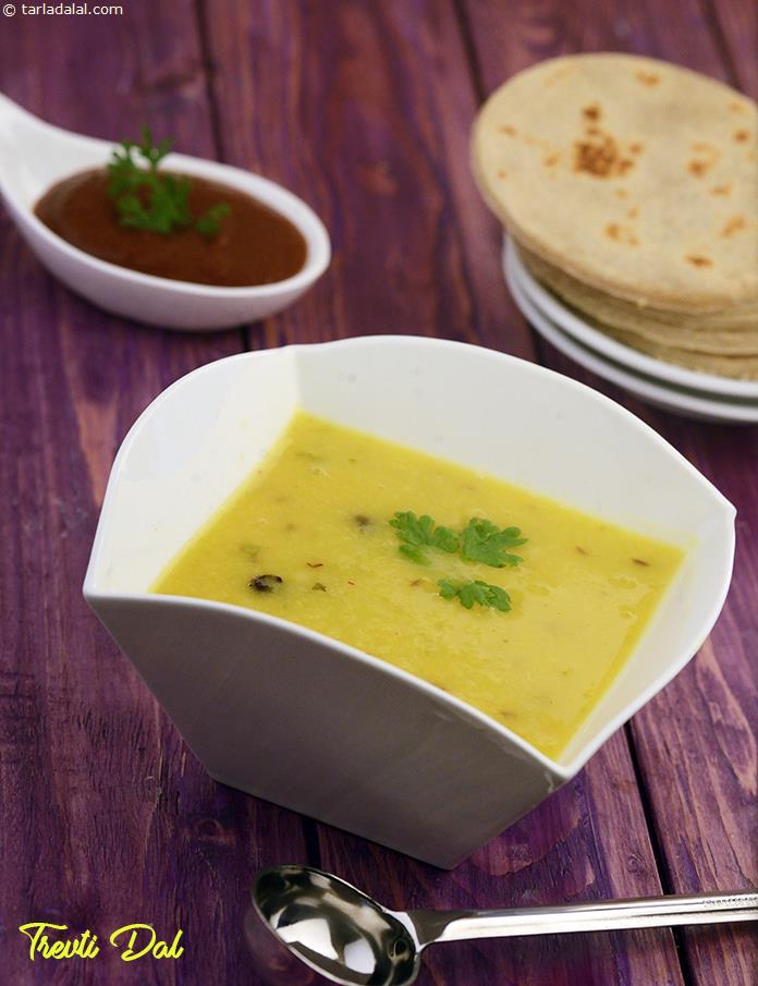 Trevti Dal is a combination of three dals simmered with spices. The use of three dals imparts a special feel to this otherwise simple day-to-day dal, which goes very well with bajra rotla and lehsun ki chutney. 