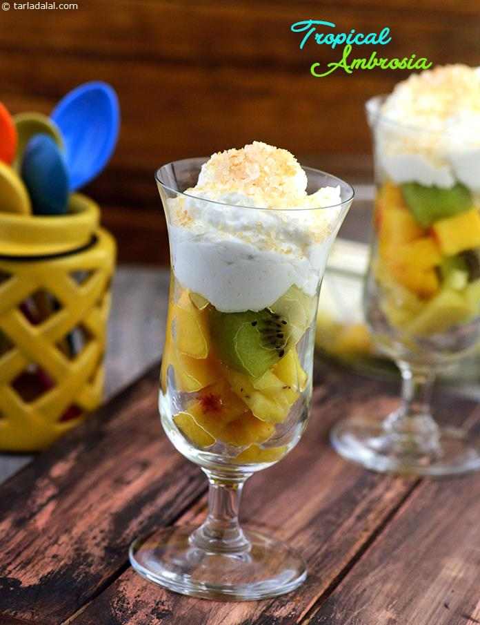 Tropical Ambrosia, ambrosia designates a dessert of chilled fruit mixed with coconut. Layers of fruit set in flavoured yoghurt is the ideal dessert when entertaining.