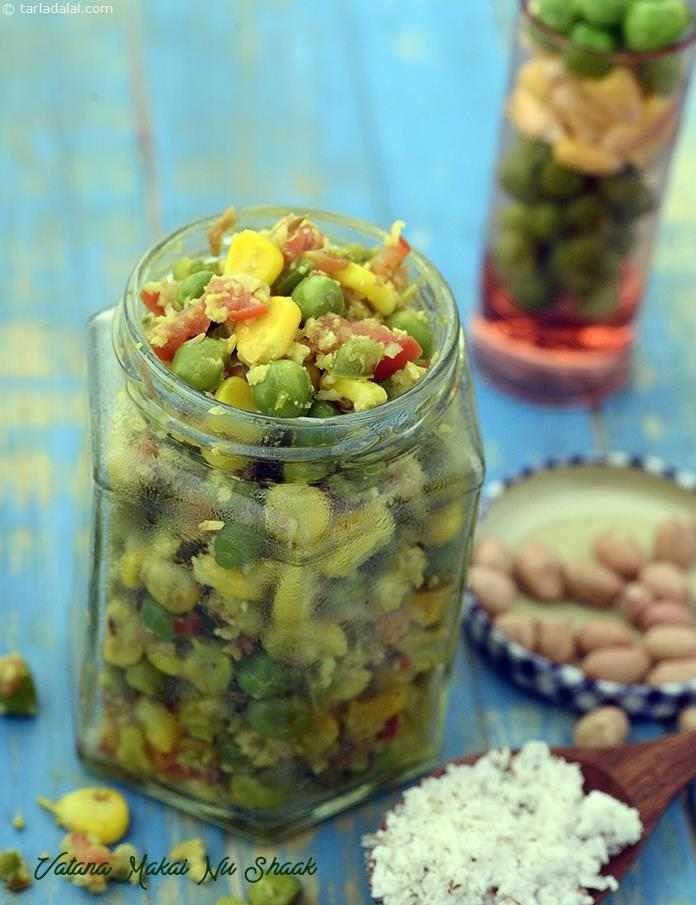 Vatana Makai nu Shaak,aA mouth-watering combo of green peas and sweet corn together with veggies like tomatoes and capsicum is perked up with a generous dose of crushed peanuts and succulent grated coconut.