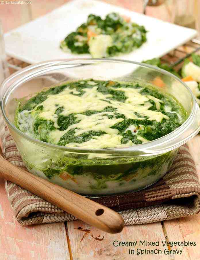 Vegetable Florentine, a medley of boiled vegetables mixed with specially created low-calorie white sauce is layered with delectable spinach sauce to make a visually-appealing treat that not only whets your appetite but also satiates it.