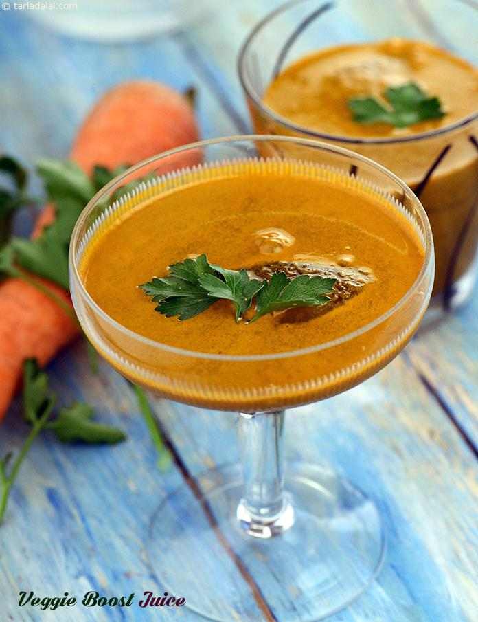Veggie Boost Juice, refreshing veggies (carrot, spinach, parsley, celery) combine to make a super juice rich in fibre to keep a check on blood sugar.