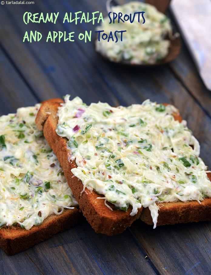 Creamy Alfa-alfa Sprouts and Apple On Toast, whole wheat bread slices are topped with a healthy topping of low-fat curds, sprouts, apples, and other ingredients perked up with mustard powder and black pepper powder.