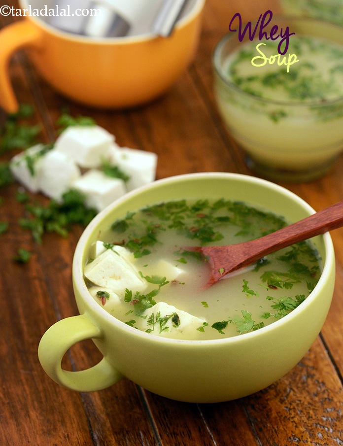 Whey Soup, won’t discard the whey the next time you make paneer. This liquid is a great source of protein, vitamins and minerals. A soup make from whey with chunks of calcium-laden paneer will make a light, yet energy-giving soup. Try it!