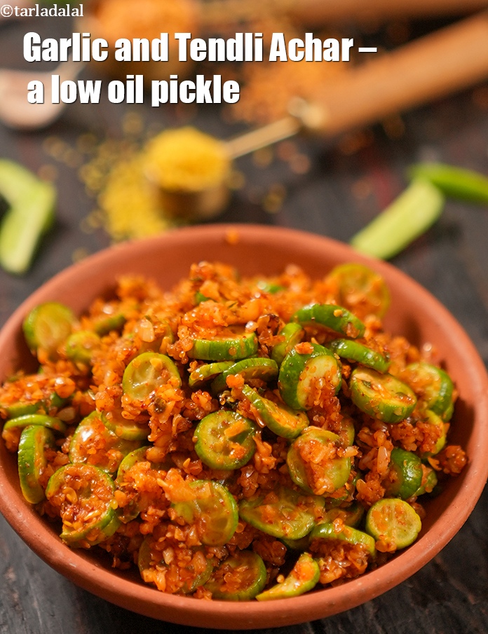 garlic and tendli achar | tendli garlic pickle | healthy tendli pickle