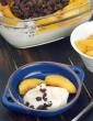 Lemon Soufflé with Chocolate Boondi and Peaches